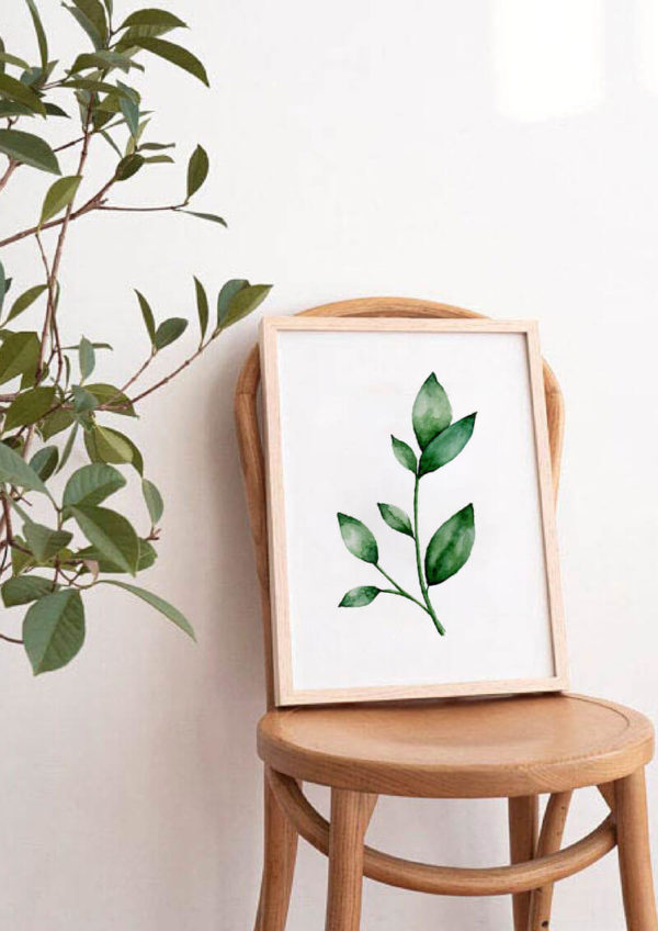 Moldura em madeira com pintura botânica de ramo de folhas em aquarela